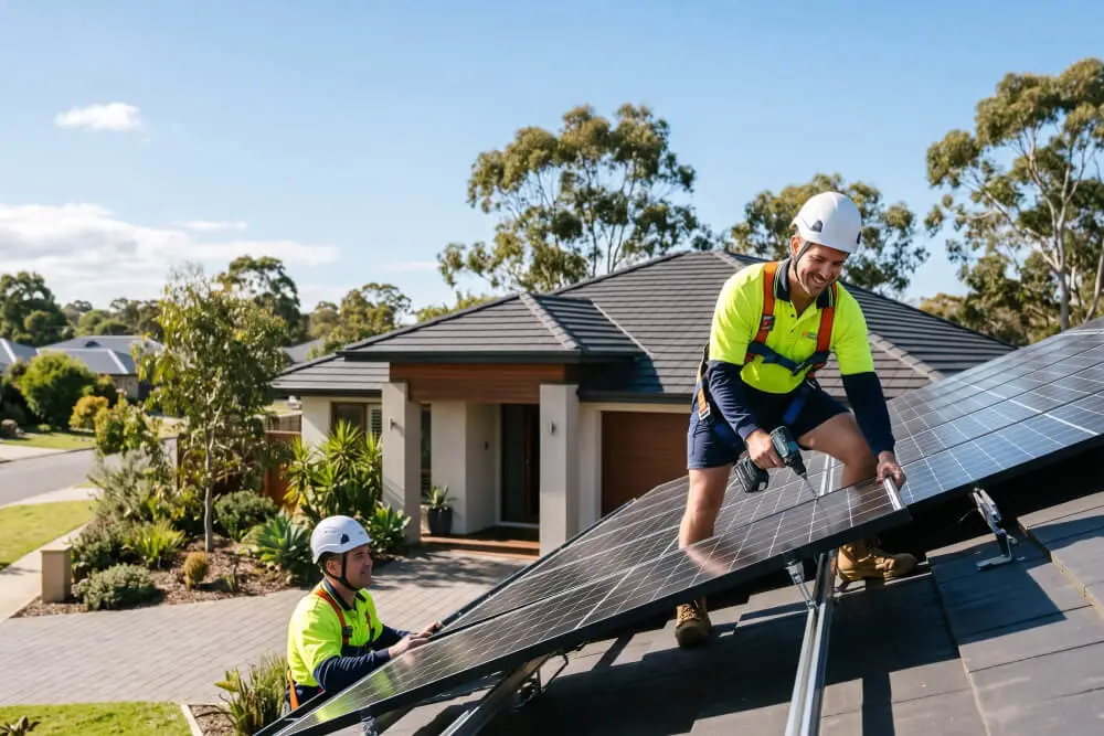 Installers in safety harnesses fitting solar panels on a tiled roof