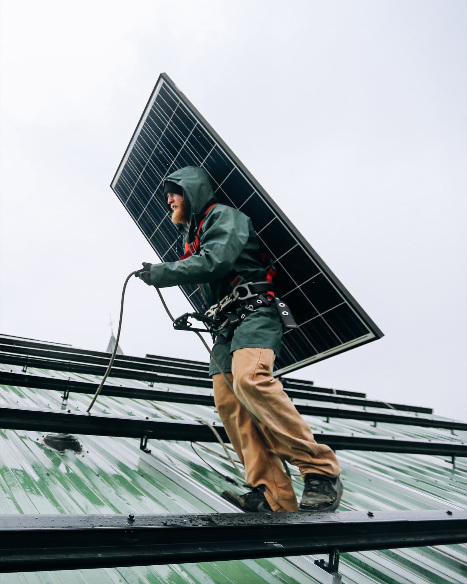 Installer in a safety harness carrying a solar panel across a metal roof